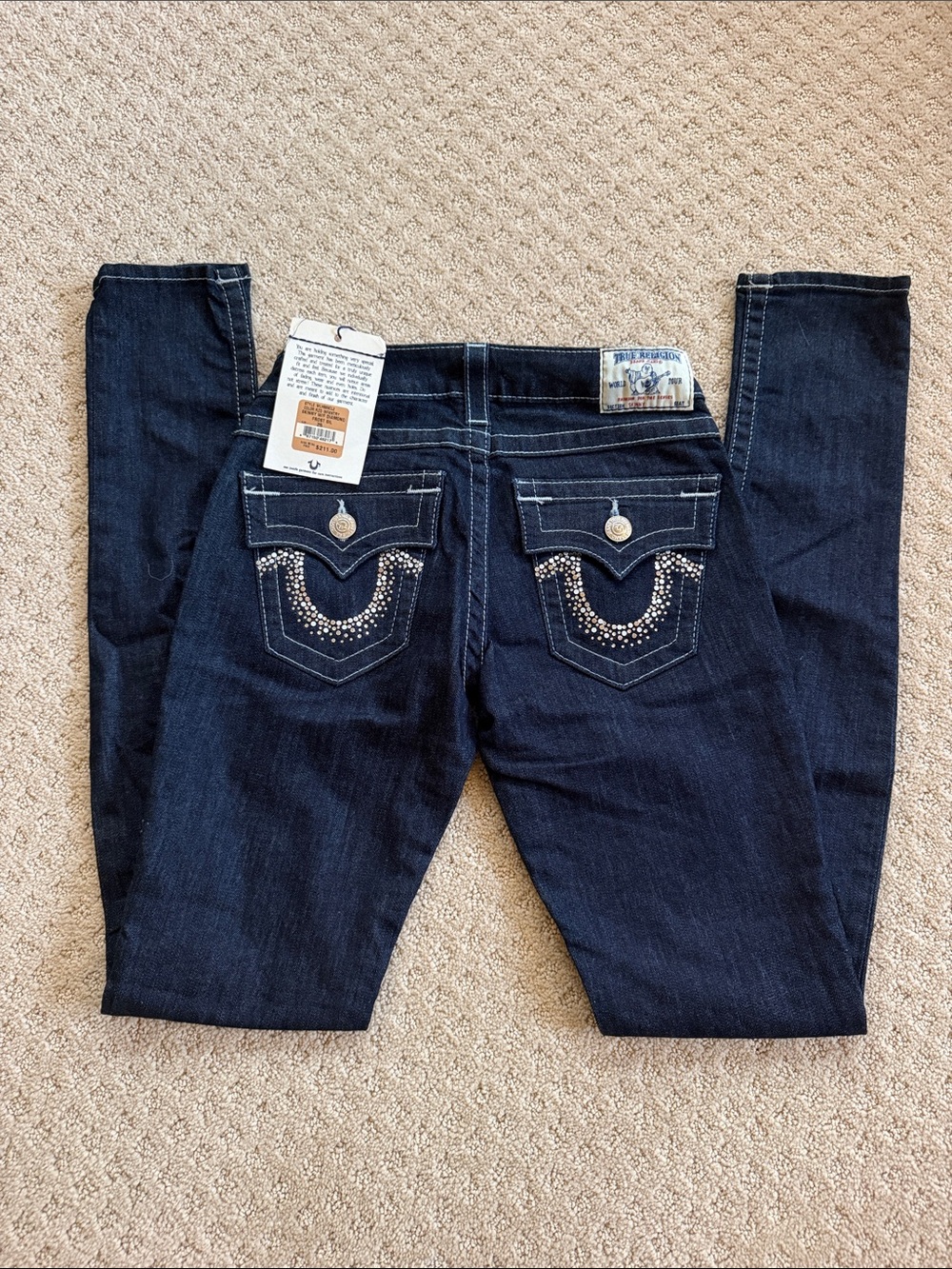 True Religion Women's Dark Indigo Rhinestone Pocket Skinny Jeans